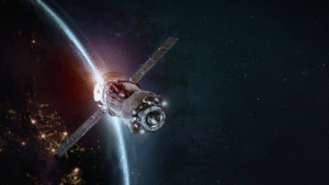 Artificial satellite orbiting Earth with visible solar panels and atmospheric glow in the background, representing advanced space technology.