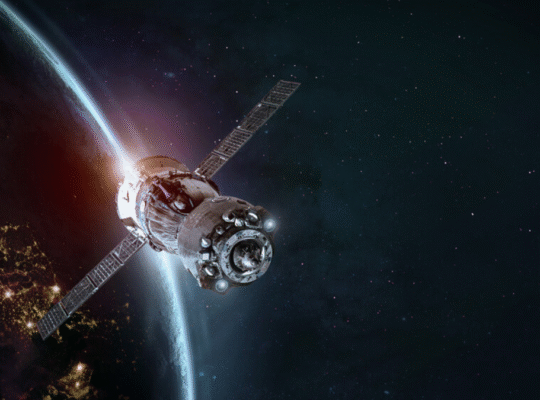 Artificial satellite orbiting Earth with visible solar panels and atmospheric glow in the background, representing advanced space technology.
