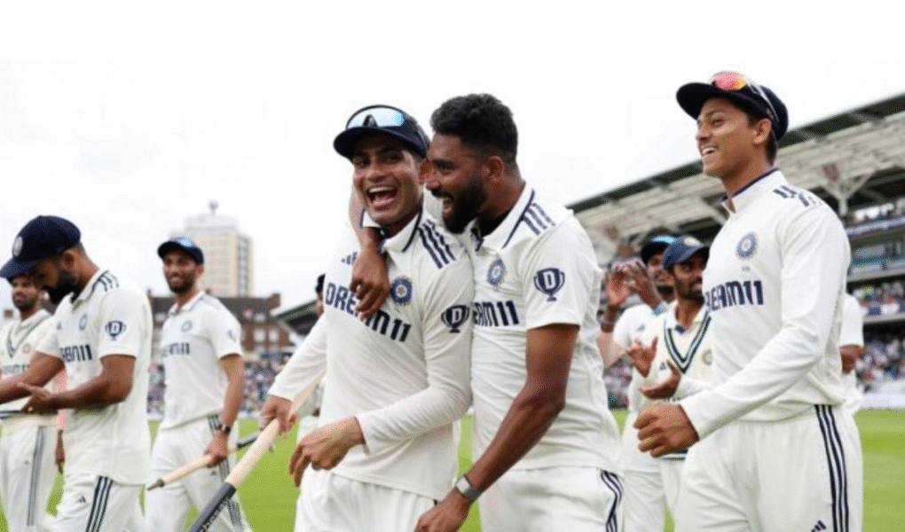 Shubman Gill, Mohammed Siraj and Indian players celebrating India’s 5th Test win against England at The Oval