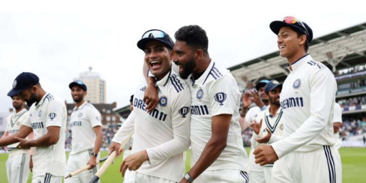 Shubman Gill, Mohammed Siraj and Indian players celebrating India’s 5th Test win against England at The Oval