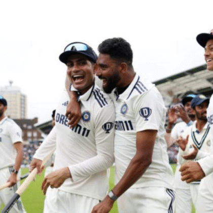 Shubman Gill, Mohammed Siraj and Indian players celebrating India’s 5th Test win against England at The Oval