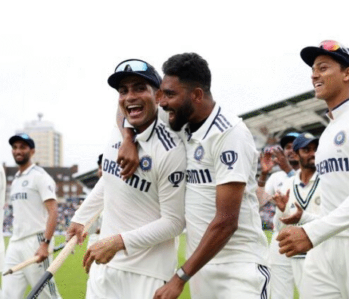 Shubman Gill, Mohammed Siraj and Indian players celebrating India’s 5th Test win against England at The Oval