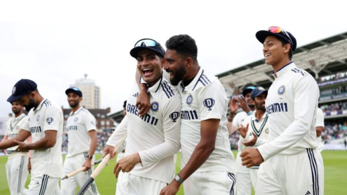 Shubman Gill, Mohammed Siraj and Indian players celebrating India’s 5th Test win against England at The Oval