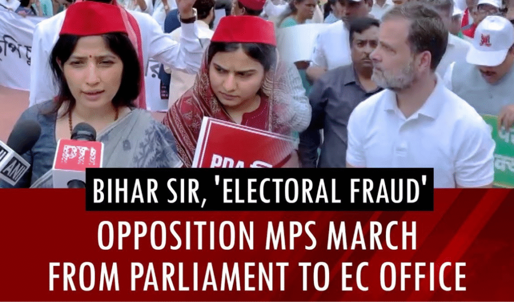 Opposition MPs, including Rahul Gandhi, march from Parliament to the Election Commission office in protest against alleged electoral fraud in Bihar.
