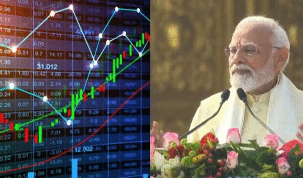A digital stock market chart showing various line graphs and candlestick patterns indicating market trends, alongside the Prime Minister delivering a speech from behind a podium decorated with flowers.