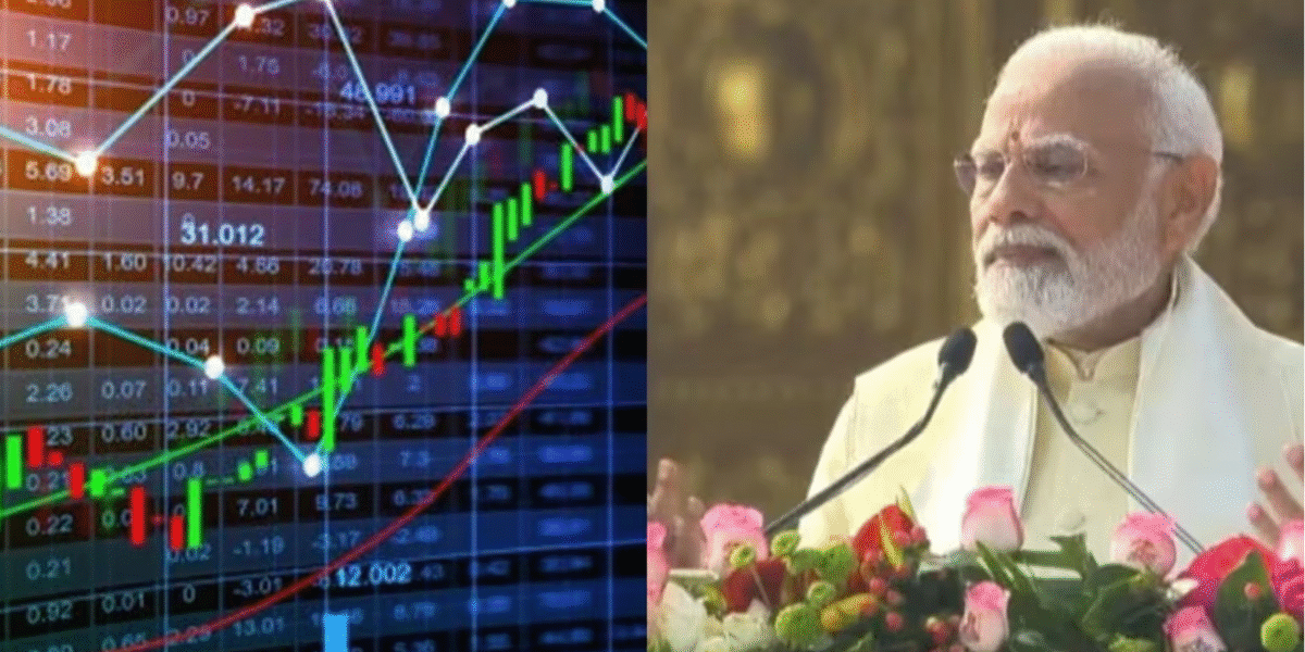 A digital stock market chart showing various line graphs and candlestick patterns indicating market trends, alongside the Prime Minister delivering a speech from behind a podium decorated with flowers.