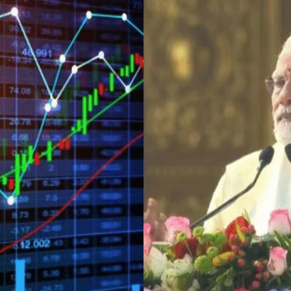 A digital stock market chart showing various line graphs and candlestick patterns indicating market trends, alongside the Prime Minister delivering a speech from behind a podium decorated with flowers.