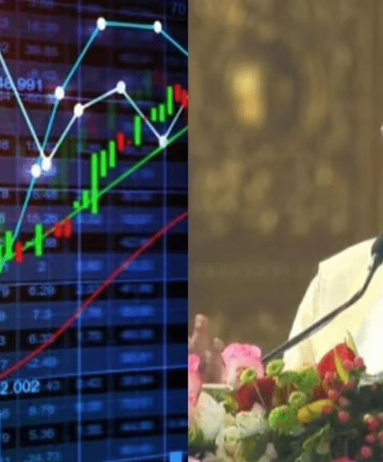 A digital stock market chart showing various line graphs and candlestick patterns indicating market trends, alongside the Prime Minister delivering a speech from behind a podium decorated with flowers.
