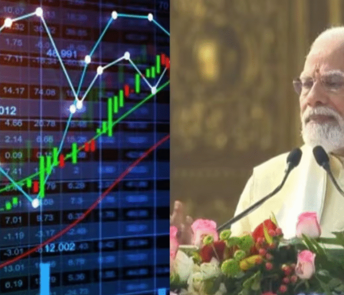 A digital stock market chart showing various line graphs and candlestick patterns indicating market trends, alongside the Prime Minister delivering a speech from behind a podium decorated with flowers.