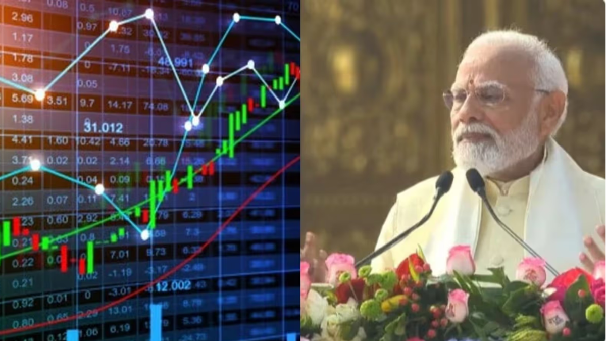 A digital stock market chart showing various line graphs and candlestick patterns indicating market trends, alongside the Prime Minister delivering a speech from behind a podium decorated with flowers.