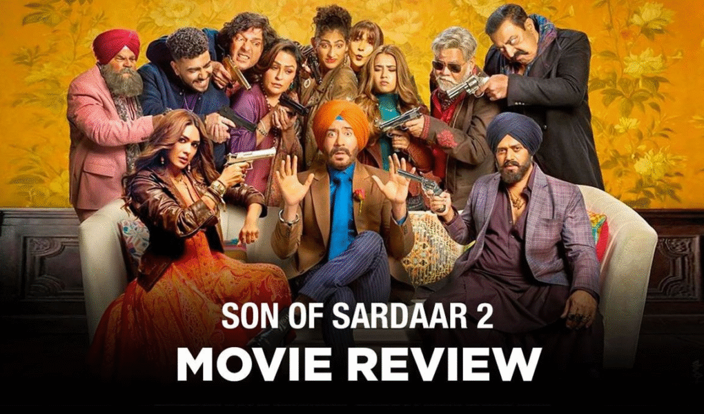 Ajay Devgn in red turban with comic expressions and in blue turban with serious look from Son of Sardaar 2 movie poster