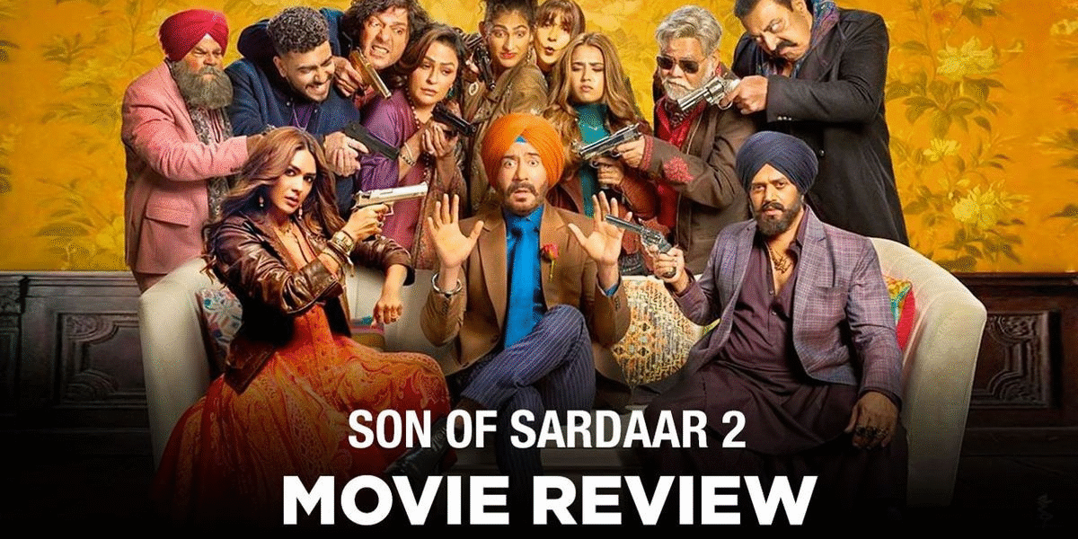 Ajay Devgn in red turban with comic expressions and in blue turban with serious look from Son of Sardaar 2 movie poster