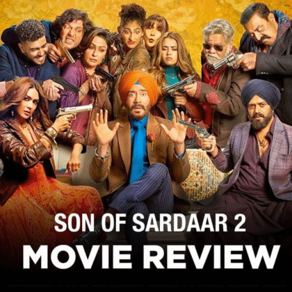 Ajay Devgn in red turban with comic expressions and in blue turban with serious look from Son of Sardaar 2 movie poster