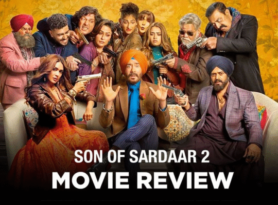 Ajay Devgn in red turban with comic expressions and in blue turban with serious look from Son of Sardaar 2 movie poster
