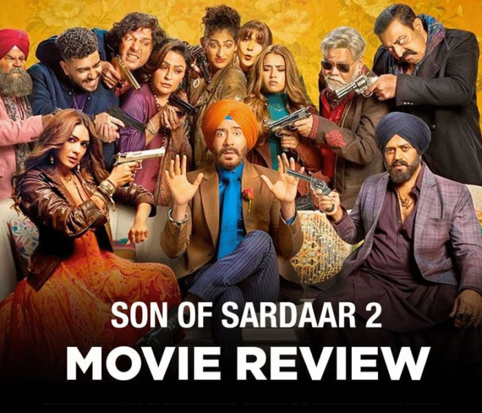 Ajay Devgn in red turban with comic expressions and in blue turban with serious look from Son of Sardaar 2 movie poster
