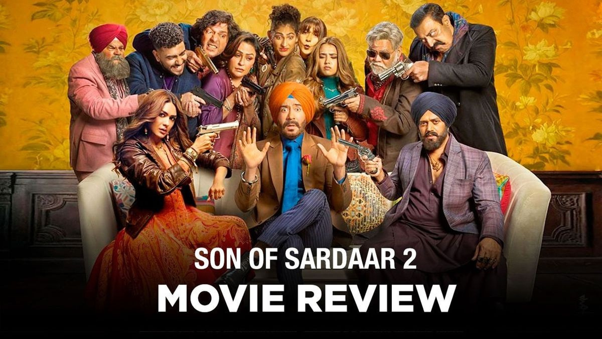 Ajay Devgn in red turban with comic expressions and in blue turban with serious look from Son of Sardaar 2 movie poster
