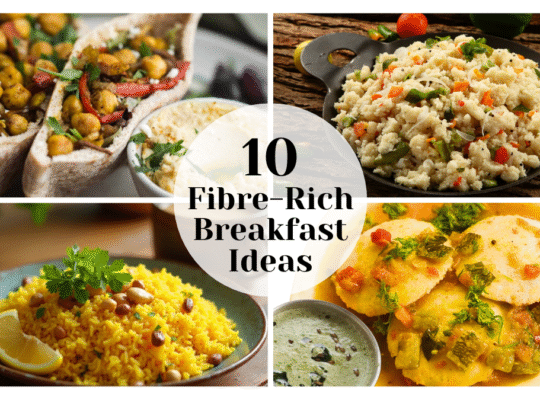 Collage showing 10 fibre-rich breakfast ideas including chickpea pita, vegetable upma, lemon poha, and idli, promoted by AIIMS for gut health, protein intake, and digestion support.
