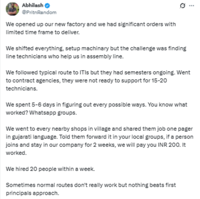 Gujarat entrepreneur shares how he hired 20 employees through WhatsApp in a viral post. Trending news on innovative local recruitment.