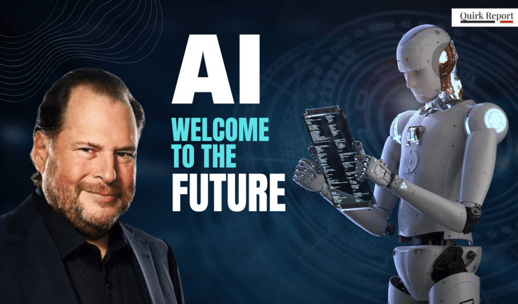 Trending News on Salesforce CEO with AI robot showing the future of work and artificial intelligence replacing jobs.