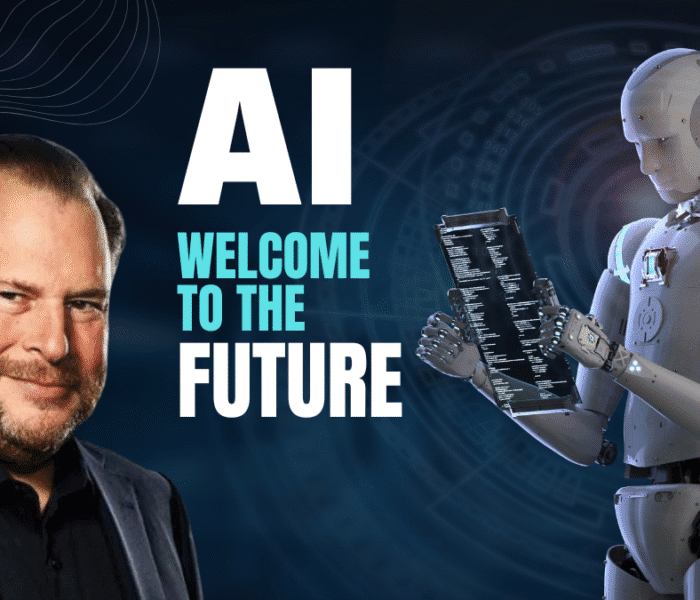 Trending News on Salesforce CEO with AI robot showing the future of work and artificial intelligence replacing jobs.