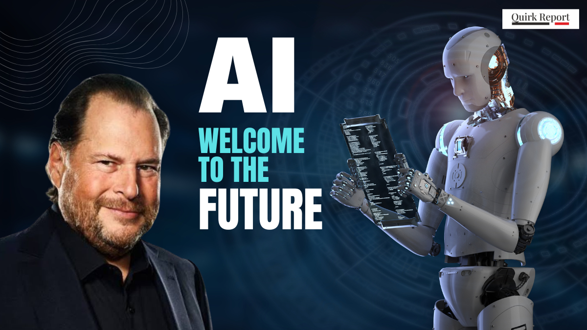 Trending News on Salesforce CEO with AI robot showing the future of work and artificial intelligence replacing jobs.