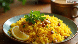 Plate of lemon poha garnished with peanuts and herbs providing fibre and protein for gut health and healthy digestion recommended by AIIMS.