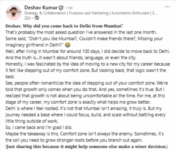 A Delhi man shares in viral news why he left Mumbai after 100 days, highlighting comfort and personal growth over city hustle.
