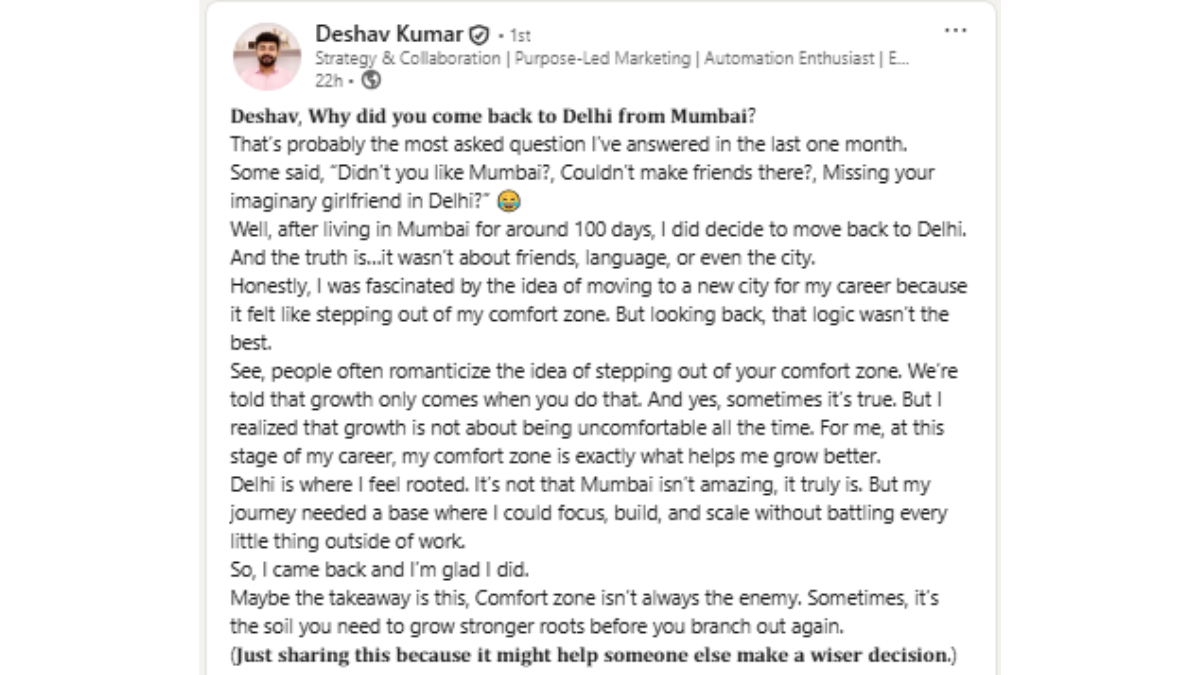 A Delhi man shares in viral news why he left Mumbai after 100 days, highlighting comfort and personal growth over city hustle.