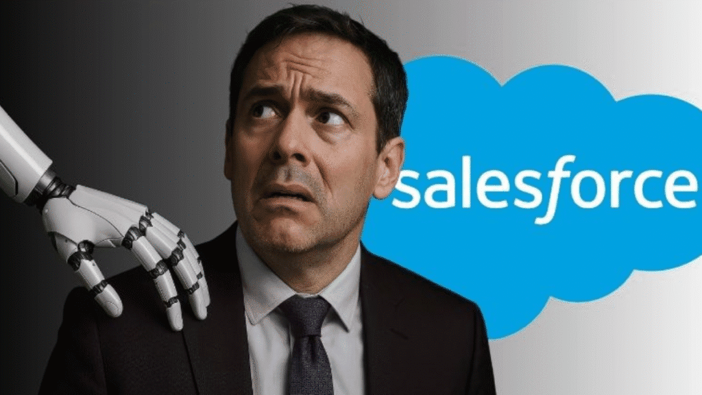Businessman looks worried as a robotic hand rests on his shoulder in front of the Salesforce logo, symbolizing AI replacing jobs.