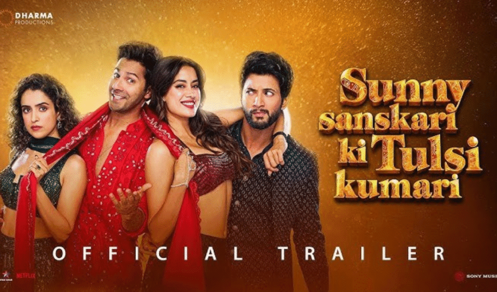 Bollywood new release poster for the movie 'Sunny Sanskari ki Tulsi Kumari' featuring actors Varun Dhawan, Janhvi Kapoor, and others. The official trailer text is visible below the actors.