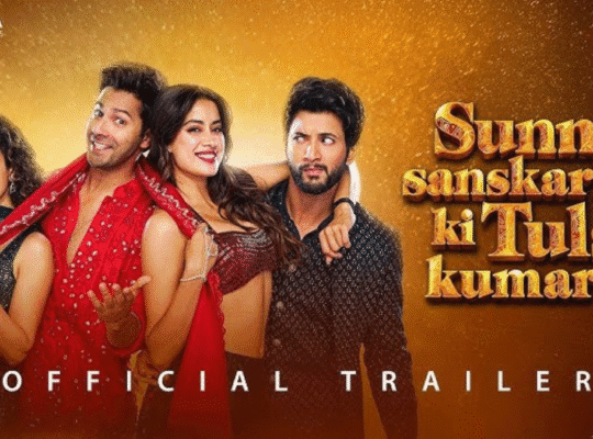 Bollywood new release poster for the movie 'Sunny Sanskari ki Tulsi Kumari' featuring actors Varun Dhawan, Janhvi Kapoor, and others. The official trailer text is visible below the actors.
