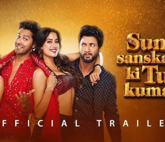 Bollywood new release poster for the movie 'Sunny Sanskari ki Tulsi Kumari' featuring actors Varun Dhawan, Janhvi Kapoor, and others. The official trailer text is visible below the actors.