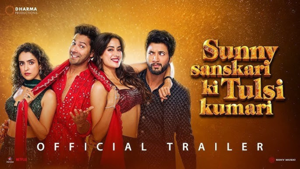 Bollywood new release poster for the movie 'Sunny Sanskari ki Tulsi Kumari' featuring actors Varun Dhawan, Janhvi Kapoor, and others. The official trailer text is visible below the actors.
