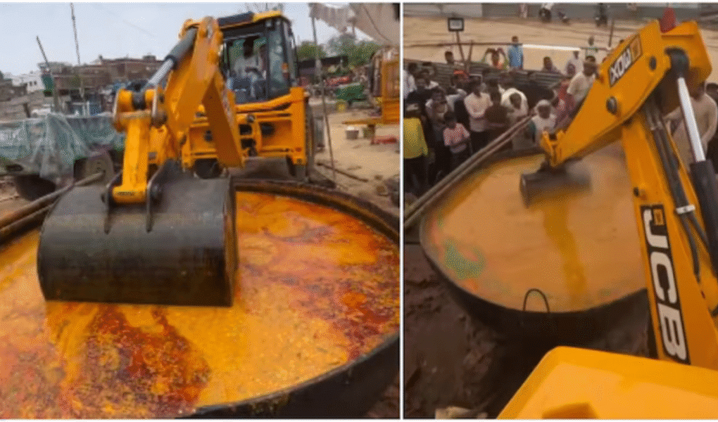 Viral news from Uttar Pradesh shows a JCB stirring dal at a public feast, raising questions on food hygiene and safety standards.