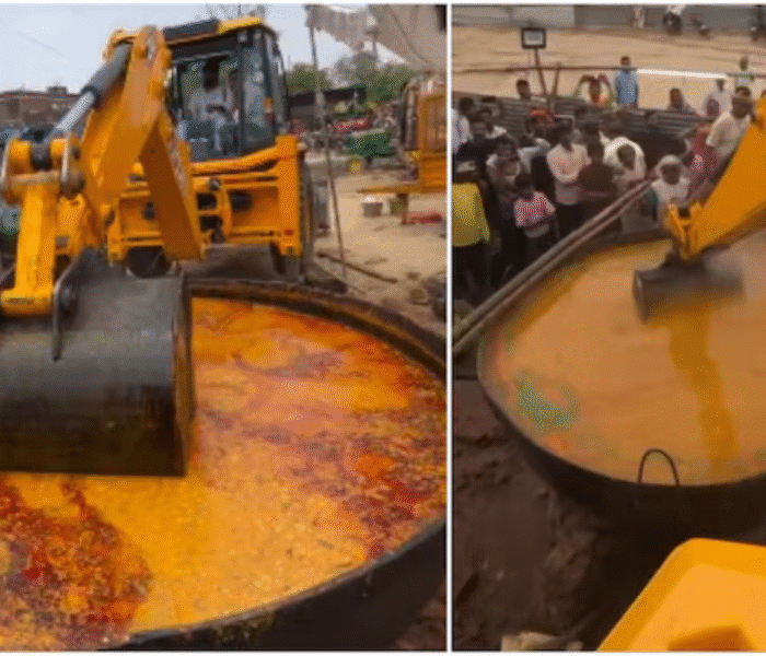 Viral news from Uttar Pradesh shows a JCB stirring dal at a public feast, raising questions on food hygiene and safety standards.