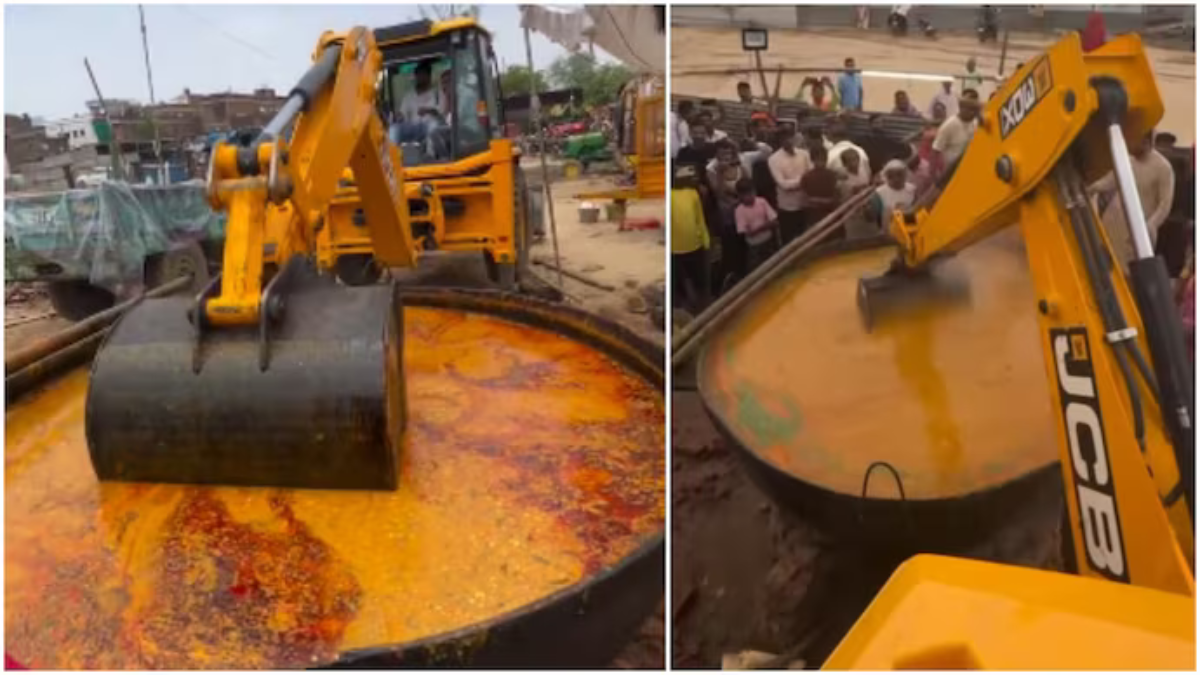 Viral news from Uttar Pradesh shows a JCB stirring dal at a public feast, raising questions on food hygiene and safety standards.