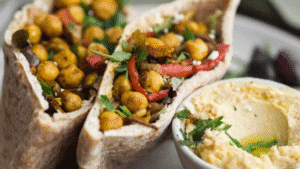 Chickpea pita pocket and hummus dip packed with fibre and protein for gut health and improved digestion as advised by AIIMS doctor.
