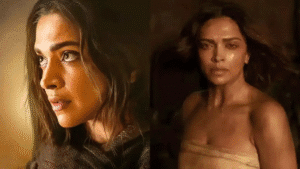 Deepika Padukone portrays a gritty, determined character in a still from the Bollywood new release movie 'Kalki 2898 AD'. She stands in front of a dystopian landscape under a stormy sky, with the movie's title and "TRAILER 10TH JUNE" text overlaid on the left side of the image.