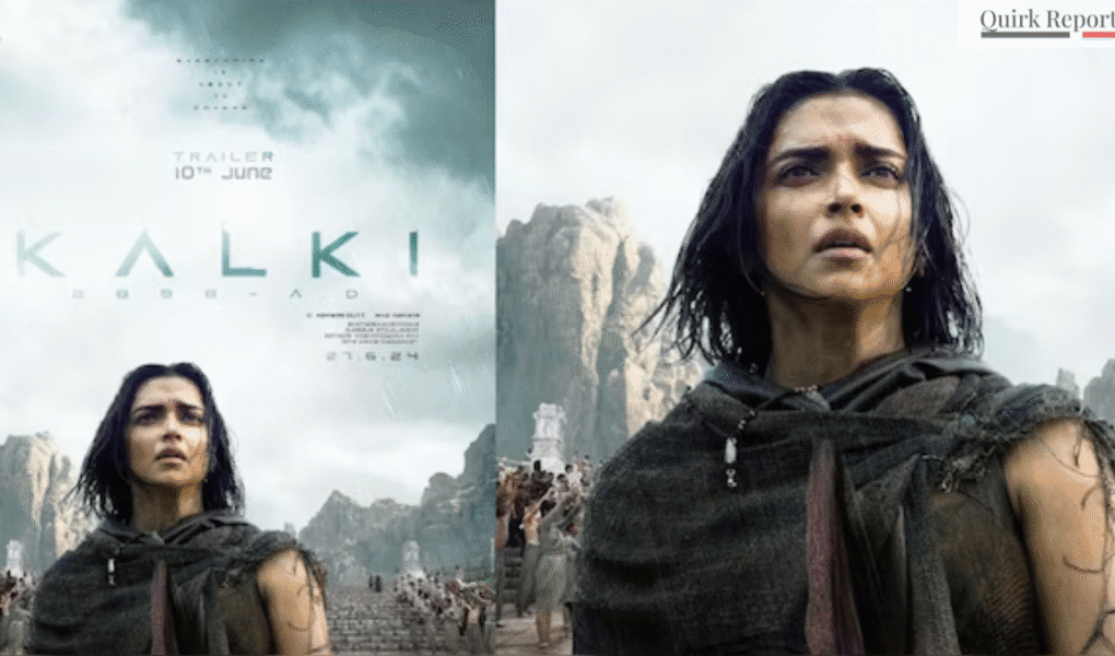 Deepika Padukone portrays a gritty, determined character in a still from the Bollywood new release movie 'Kalki 2898 AD'. She stands in front of a dystopian landscape under a stormy sky, with the movie's title and "TRAILER 10TH JUNE" text overlaid on the left side of the image.