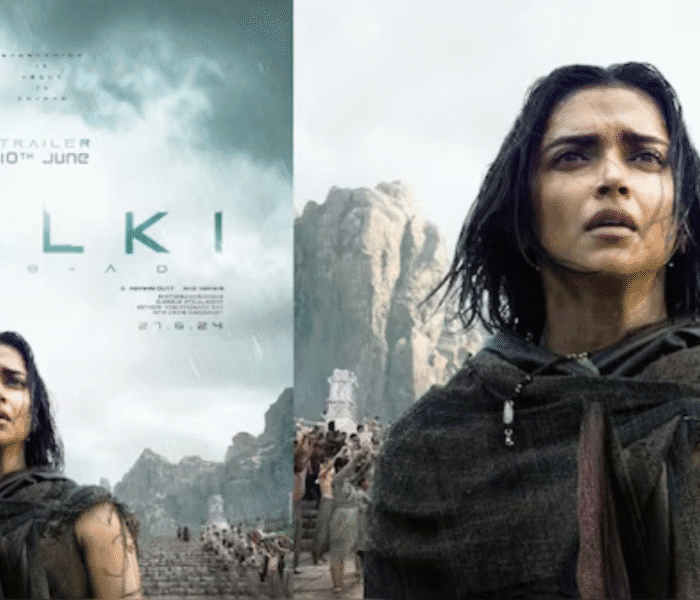 Deepika Padukone portrays a gritty, determined character in a still from the Bollywood new release movie 'Kalki 2898 AD'. She stands in front of a dystopian landscape under a stormy sky, with the movie's title and "TRAILER 10TH JUNE" text overlaid on the left side of the image.