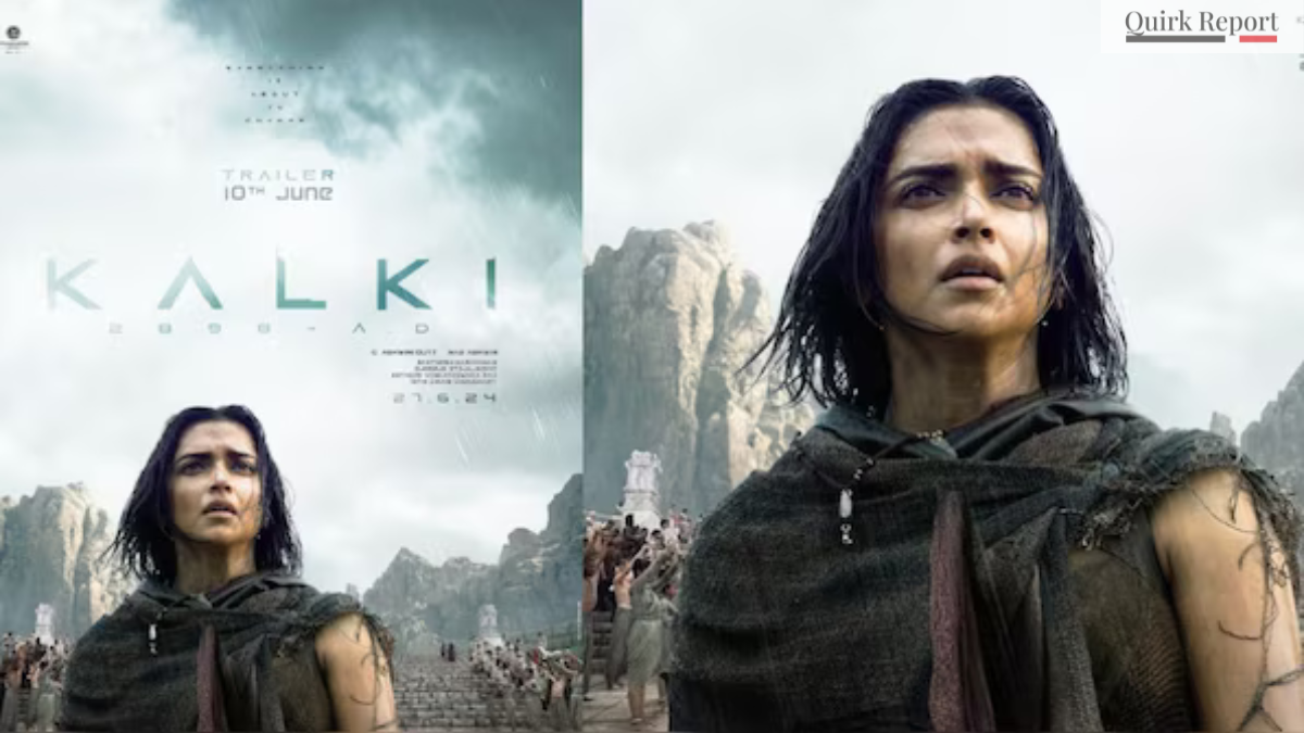 Deepika Padukone portrays a gritty, determined character in a still from the Bollywood new release movie 'Kalki 2898 AD'. She stands in front of a dystopian landscape under a stormy sky, with the movie's title and "TRAILER 10TH JUNE" text overlaid on the left side of the image.
