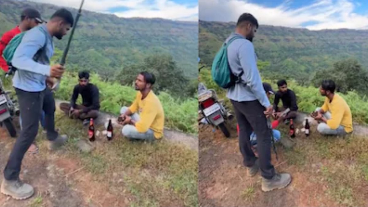 Viral video shows a man confronting and beating a group drinking beer at Raireshwar Fort in Maharashtra