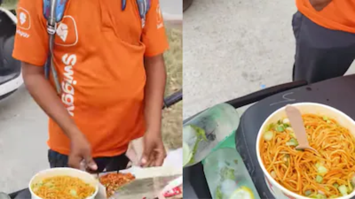 Clip of a viral video- swiggy delivery boy enjoys the zomato's cancelled meal.