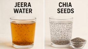 weight loss drinks - glass of jeera water and chia seeds