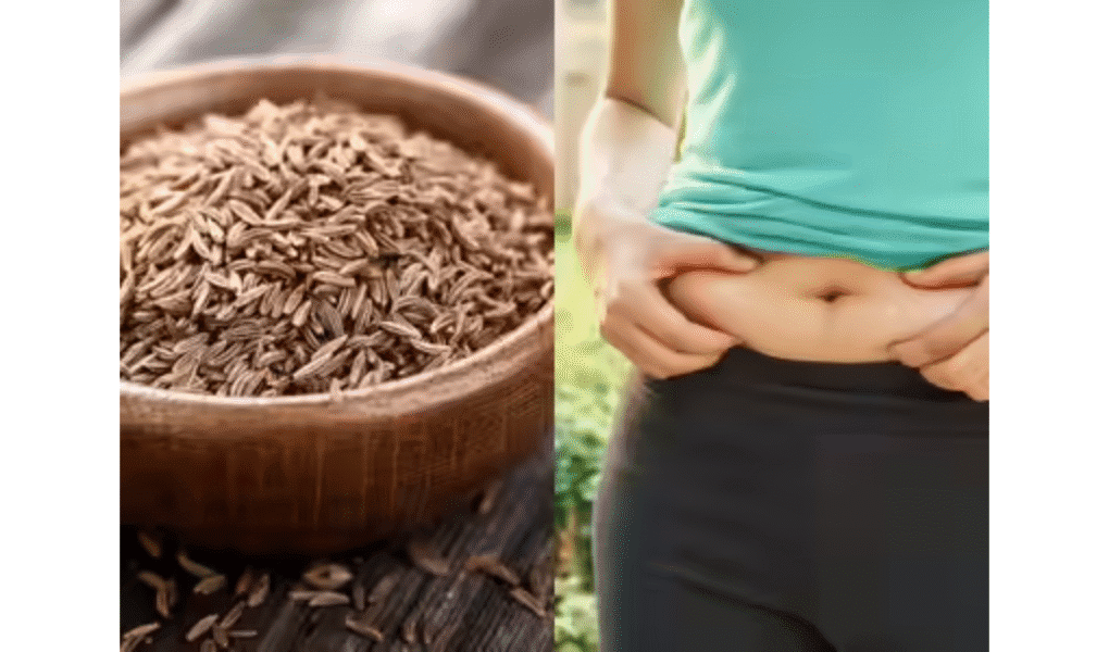 bowl of jeera and a girl with fat tummy