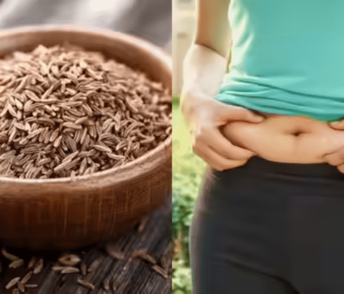 bowl of jeera and a girl with fat tummy