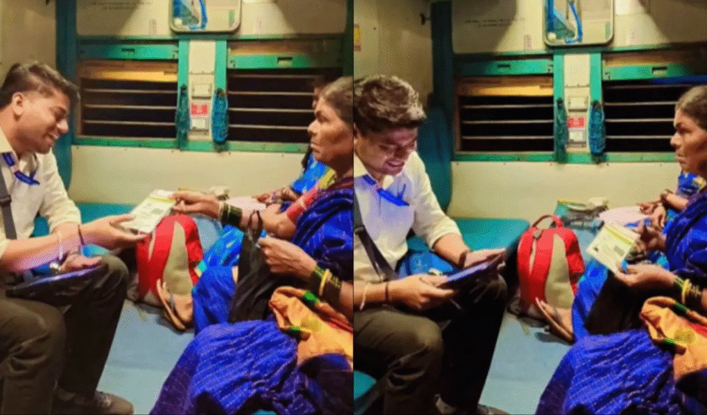 Indian Railways moment went viral as an elderly passenger showed her Aadhaar instead of a train ticket. TTE’s patience wins hearts online.