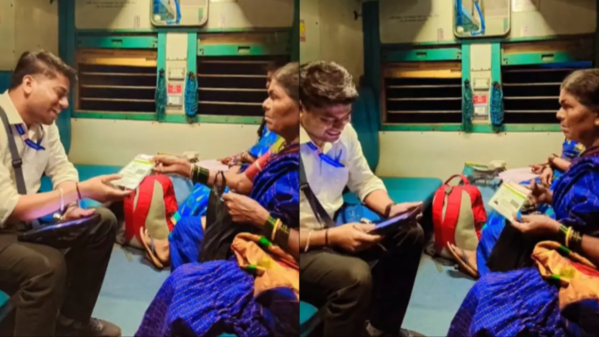Indian Railways moment went viral as an elderly passenger showed her Aadhaar instead of a train ticket. TTE’s patience wins hearts online.