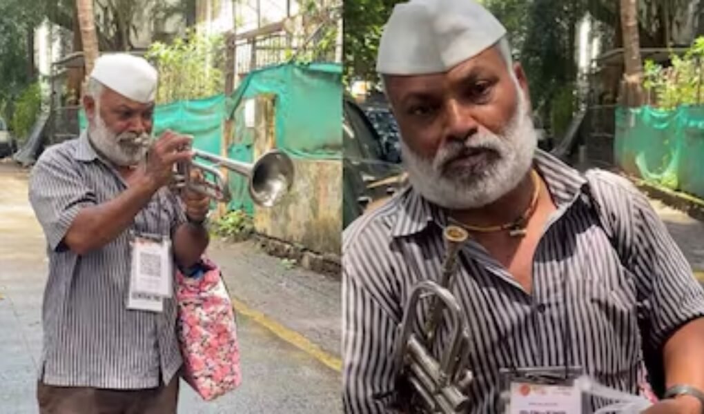 Trending video, Elderly trumpet musician Vasant Rao Pawar playing on the street with a QR code around his neck