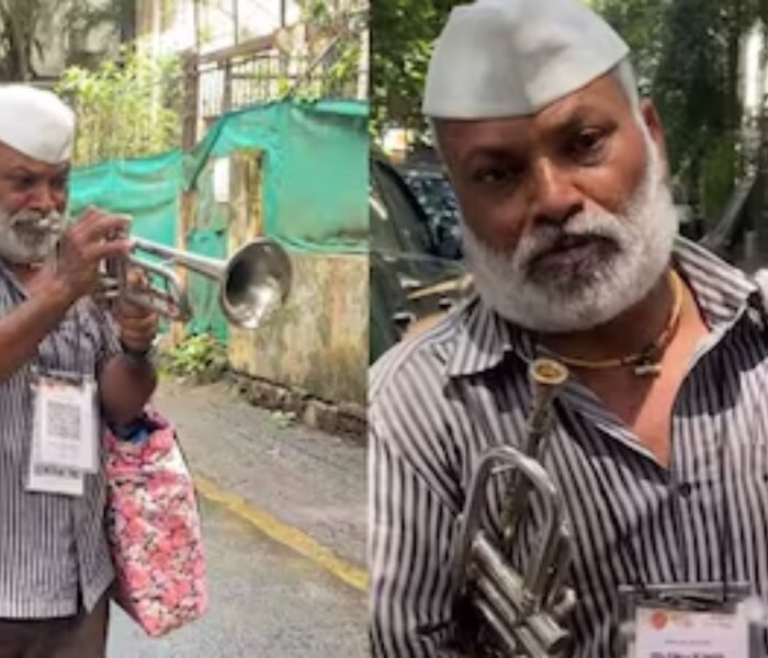 Trending video, Elderly trumpet musician Vasant Rao Pawar playing on the street with a QR code around his neck
